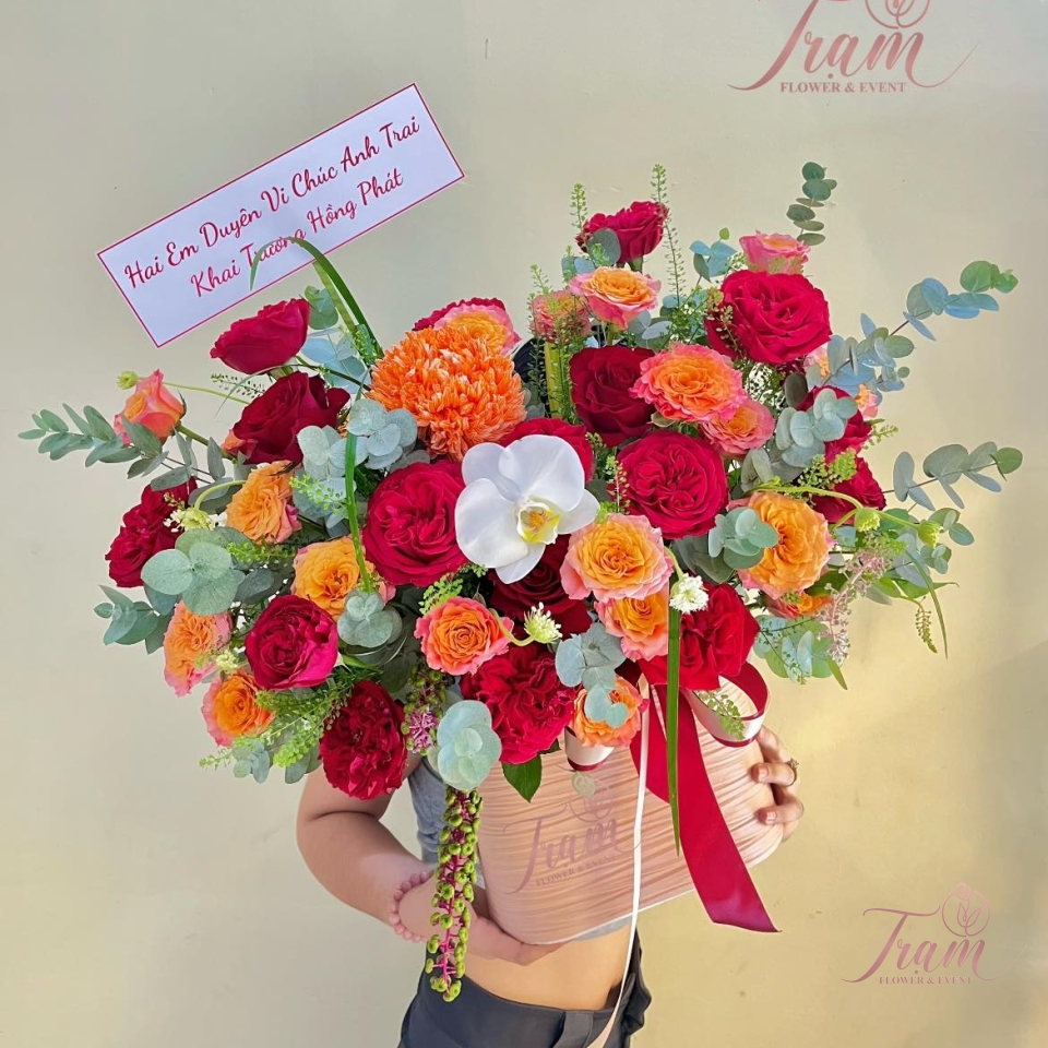 Giỏ hoa khai trương tone đỏ - cam
