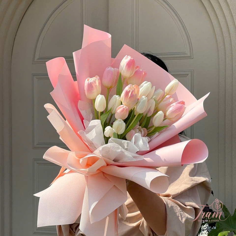 “Thanh Xuân Nhẹ Nhàng – Bó Tulip Hồng Nhạt & Trắng Nhập Khẩu”