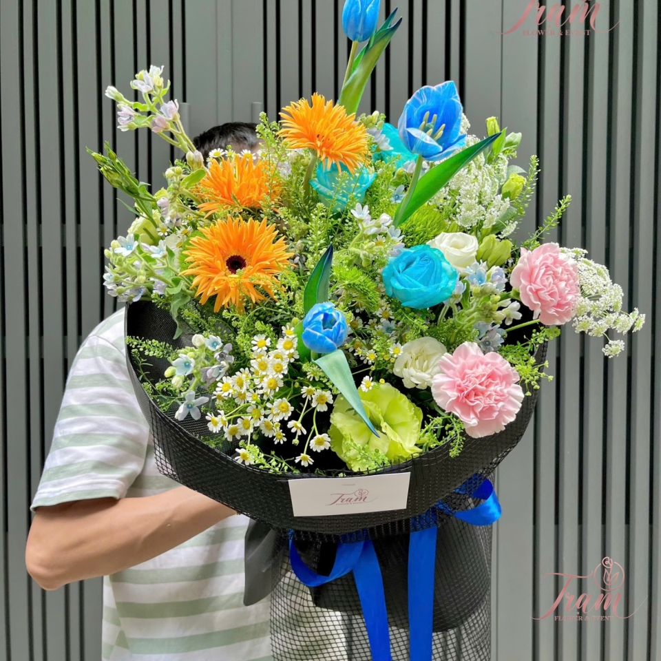 Bó Hoa Tròn Tulip Xanh Mix Đồng Tiền Cam – Năng Lượng & Hy Vọng