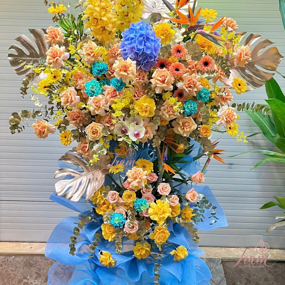 KỆ HOA TONE XANH DƯƠNG – VÀNG | UY TÍN VỮNG BỀN – THỊNH VƯỢNG VƯƠN XA