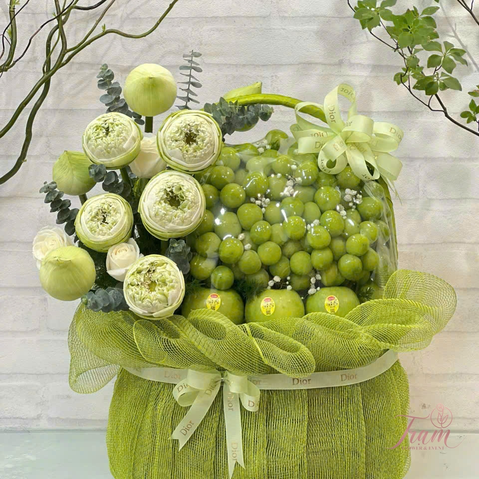 Giỏ Hoa Trái Cây Tone Xanh Lá – Tươi Mát & An Lành