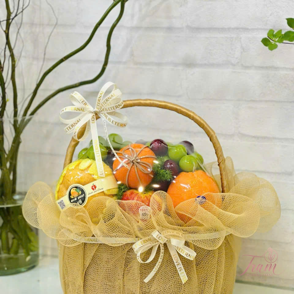 Giỏ Hoa Trái Cây Tone Vàng – Rạng Rỡ & May Mắn